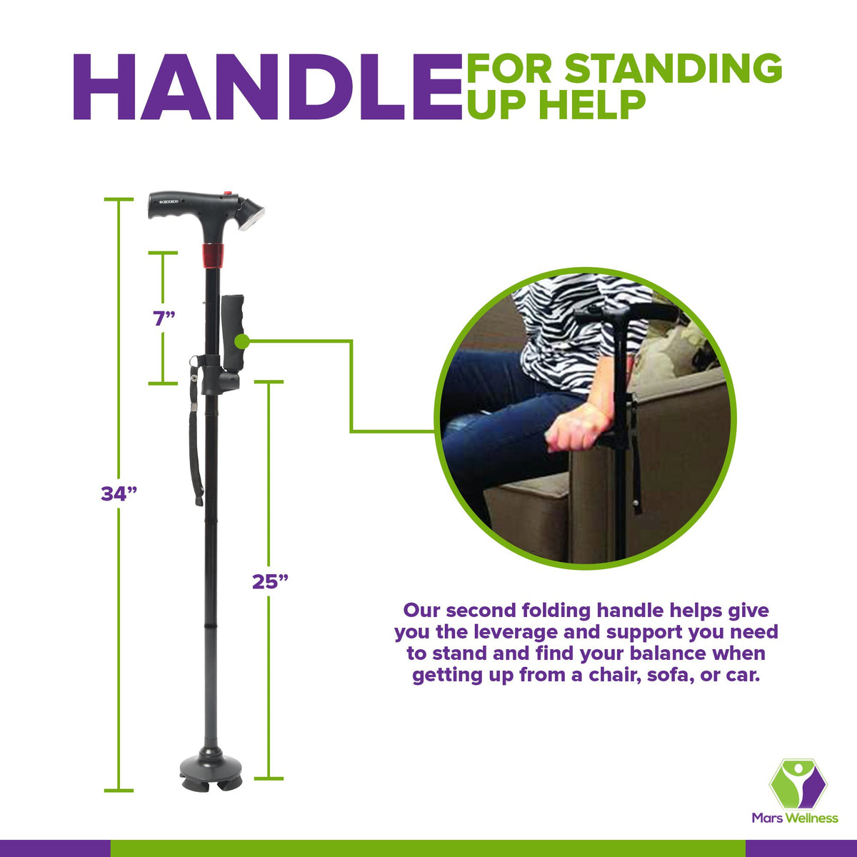 Premium Travel Lightweight Folding Walking Cane with LED Flashlight W/Non Slip Flexible Cane Tip & Extra Handle