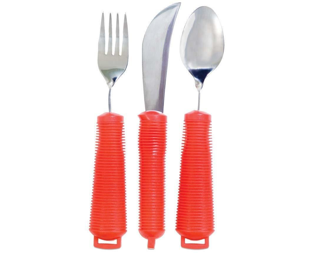 Special Supplies Adaptive Utensils 5-Piece Set Non-Weighted, Non-Slip  Handles for Hand Tremors, Arthritis, Parkinson's or Elderly Use - Stainless  Steel Knife, Rocker Knife, Fork, Spoons - Red 