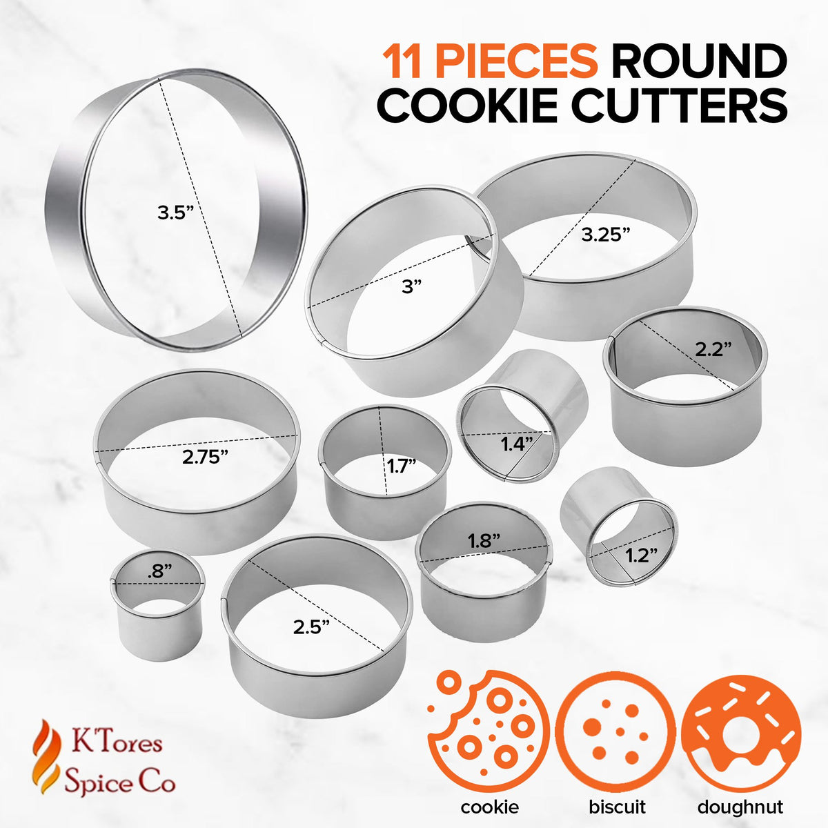 K-Tores Stainless Steel, Round - Cookie Cutters Baking Pastry Cutter Set - Strong Circle Biscuit, Cookie Cutter Set - 11 Cookie Cutter Sizes & Shapes -