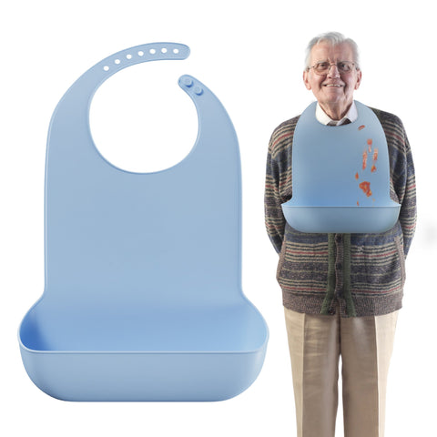 Mars Wellness Adult Bibs for Elderly - Comfortable and Easy to Clean Silicone Bibs for Adults with Easy to Use Button Closure and Bottom Crumb/Liquid Catcher, Dishwasher Safe