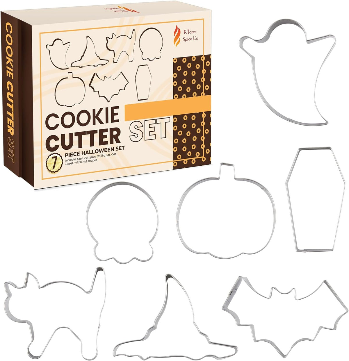 K'Tores Spice Co Fall Cookie Cutters - Halloween Cookie Decorating Kit - 7 Piece Stainless Steel Set with Pumpkin, Skull, Coffin, Bat, Cat, Ghost, Witch Hat Cookie Cutter Shapes