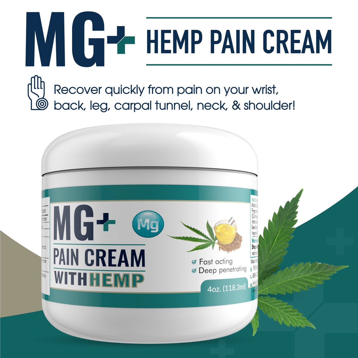Mars Wellness MG+ w/ Hemp Pain Cream (4 oz) - Magnesium & Arnica Cream Pain Relief - Arthritis Cream for Numbing & Healing - Muscle Pain Relief Cream for Sore Legs & Joints, Leg Cramps, & Arthritis