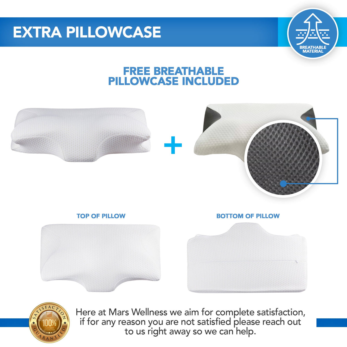 Mars Wellness Side Sleeping Pillow for Side Sleepers and CPAP Users - Extra Pillowcase - Memory Foam Pillow for Side, Back and Stomach Sleep - Mars Med Supply