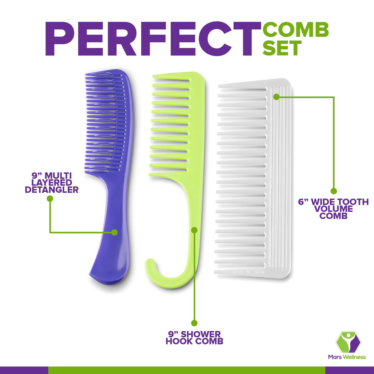 Mars Wellness 3 Piece Professional Detangling Shower Comb Set - USA MADE - Detangler, Hook Comb, Wide Tooth Comb - Premium Grade for Men and Women - Parting Teasing and styling - Mars Med Supply