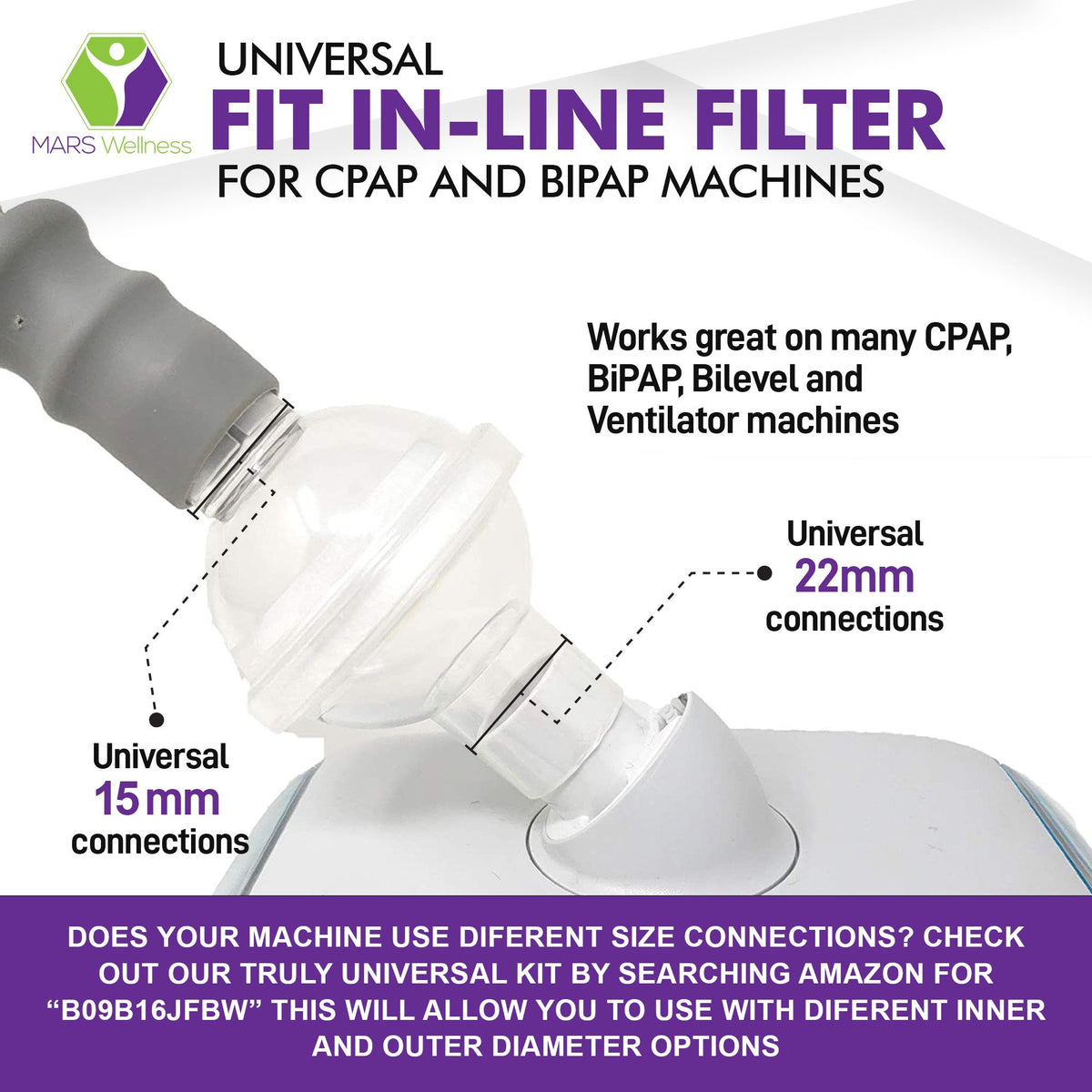 Truly Universal Fit in-Line Filter Kit for CPAP and BiPAP Machines Multiple Size Connectors - 15mm to 15mm, 15mm to 22mm, 22mm to 22mm - 6 Pack - Mars Med Supply