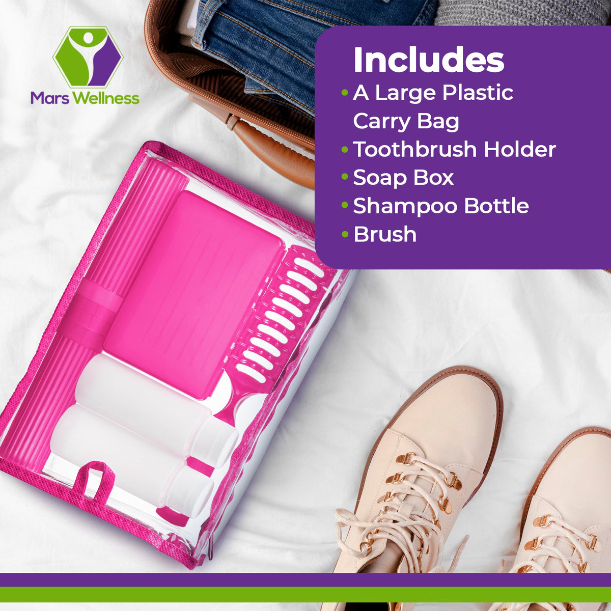 Mars Wellness Camp Kit - Travel Toiletry Kit w/ Plastic Carry Bag, Toothbrush Holder, Shampoo Bottle - Travel Accessories for Airplane, Camping, & More - Travel Kit for Women, Men & Kids