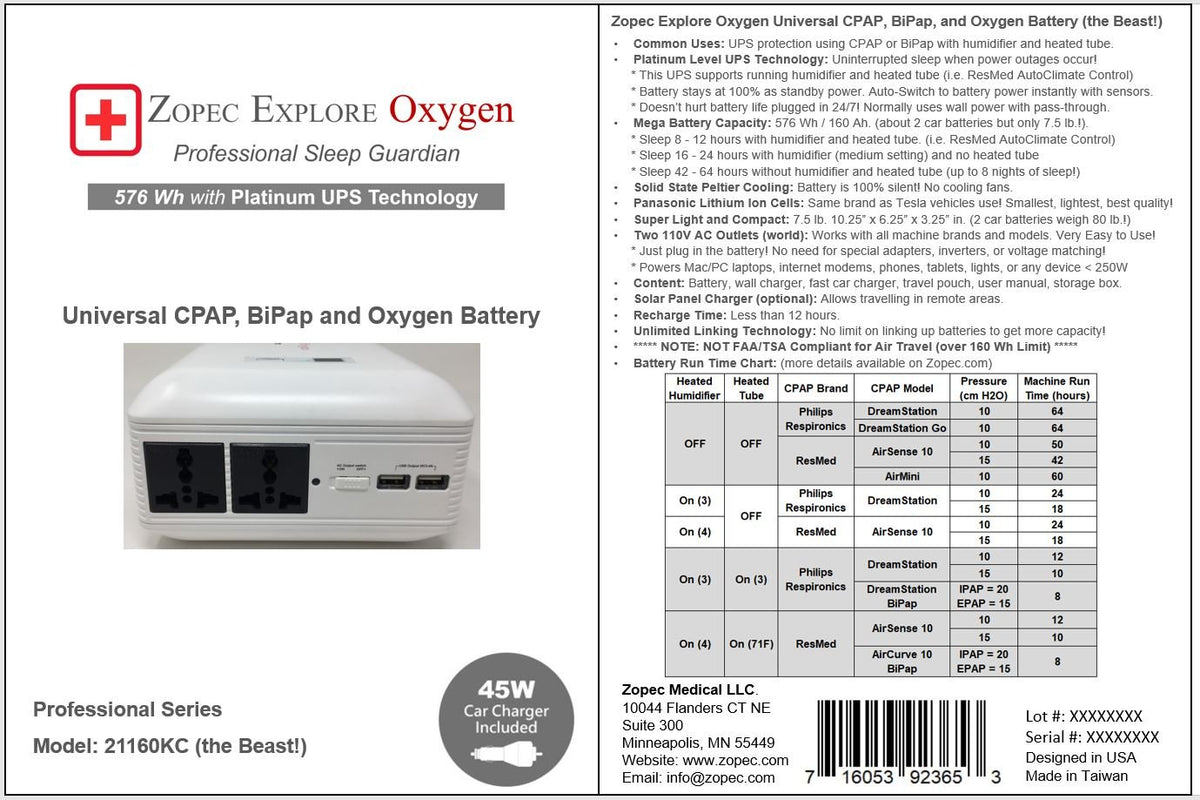 Zopec EXPLORE Oxygen CPAP Backup Battery with Online UPS (up to 8 nights, Platinum Level)