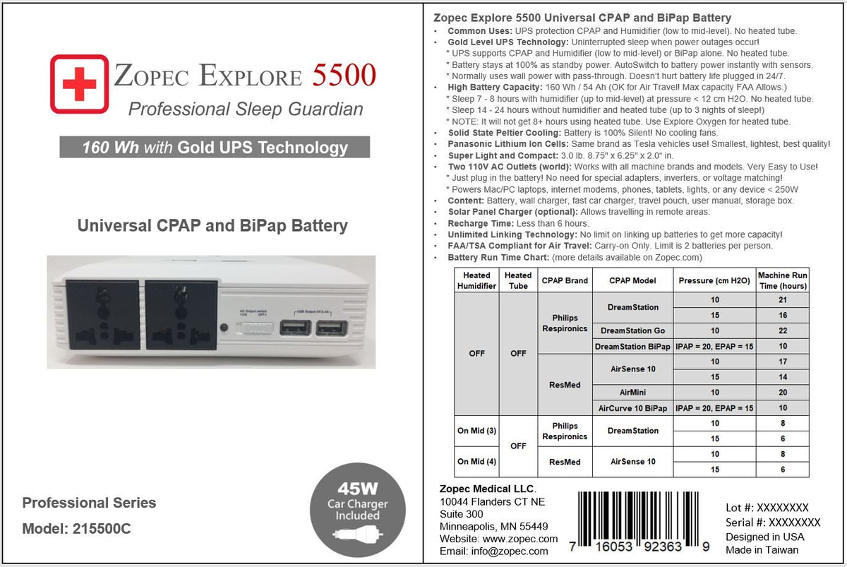 Zopec EXPLORE 5500 CPAP Backup Battery with Online UPS (up to 3 nights, Gold Level)