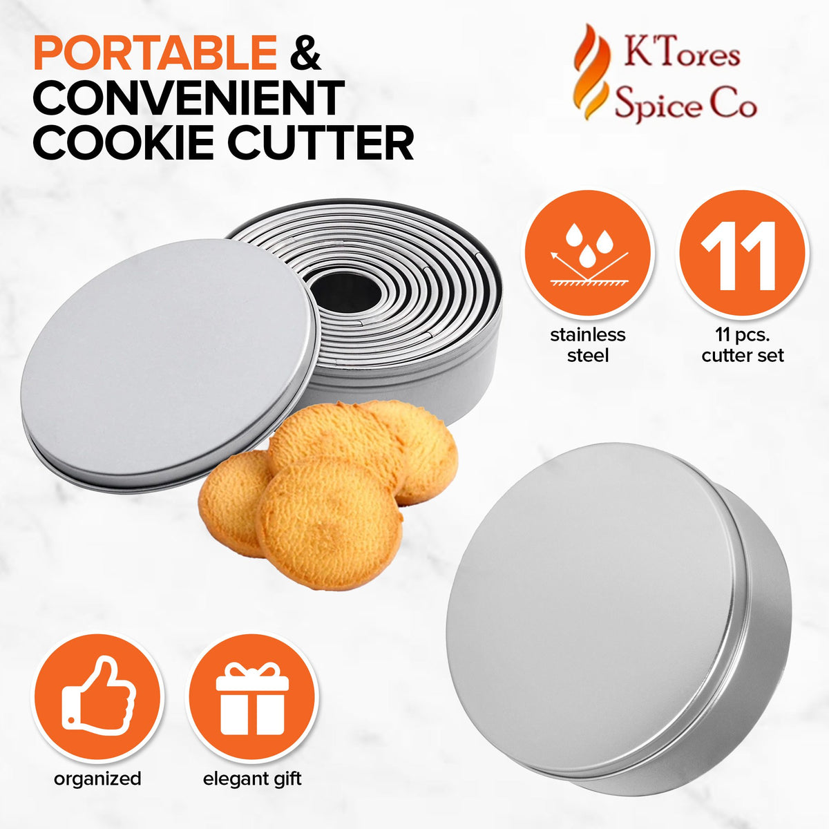 K-Tores Stainless Steel, Round - Cookie Cutters Baking Pastry Cutter Set - Strong Circle Biscuit, Cookie Cutter Set - 11 Cookie Cutter Sizes & Shapes -