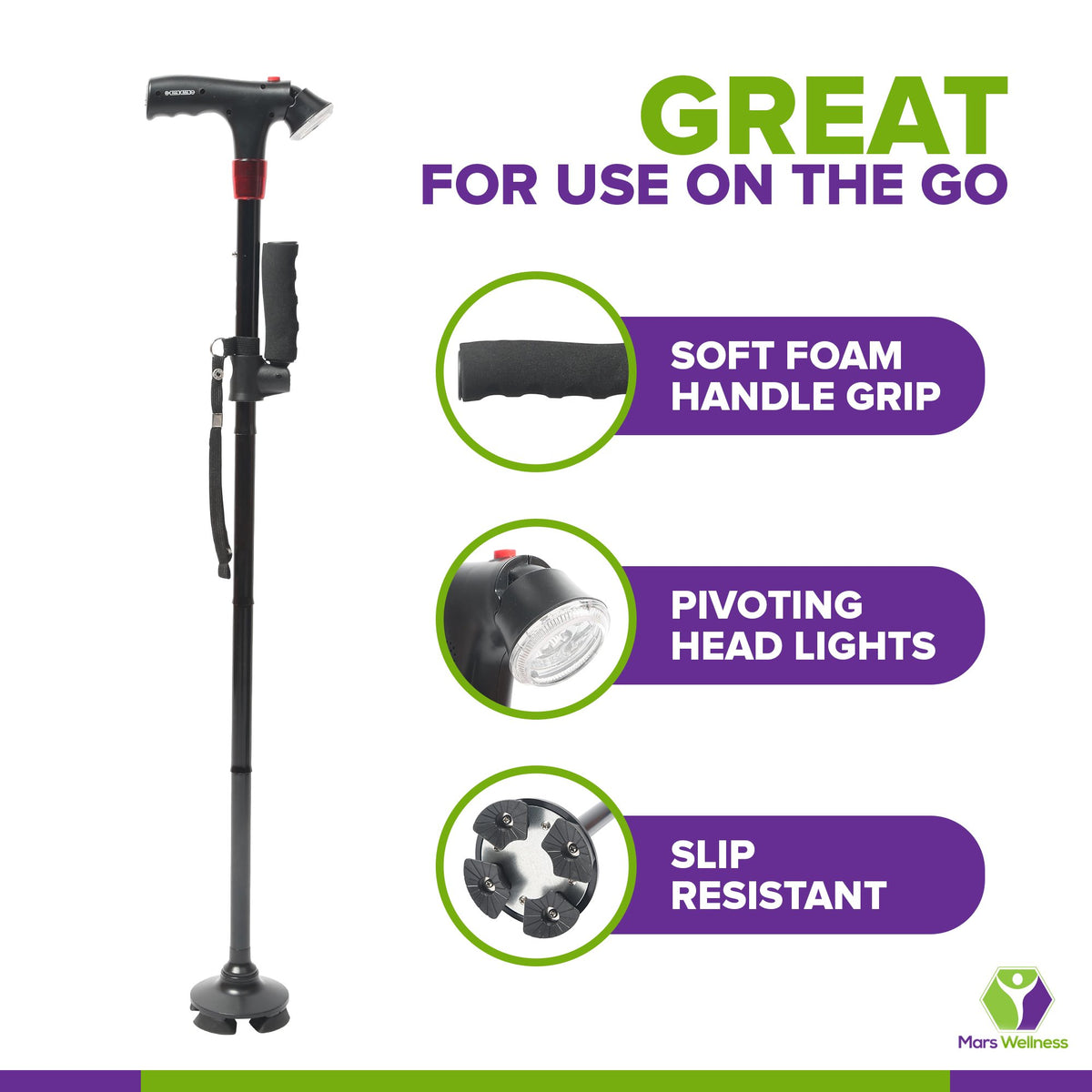 Premium Travel Lightweight Folding Walking Cane with LED Flashlight W/Non Slip Flexible Cane Tip & Extra Handle