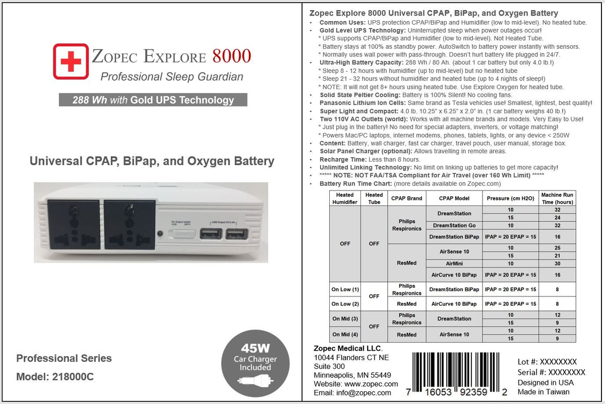 Zopec EXPLORE 8000 CPAP Backup Battery with Online UPS (up to 4 nights, Gold Level)