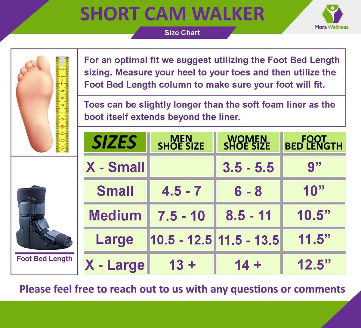 Mars Wellness Premium Polymer Low Top Cam Walker Fracture Ankle/Foot Stabilizer Boot - M - Updated Size Chart - Mars Med Supply