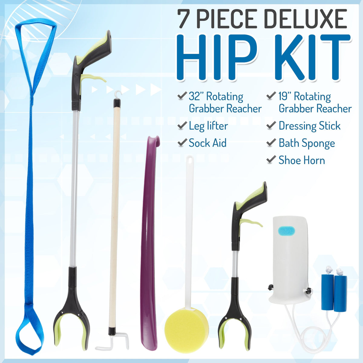 7 Piece Deluxe Hip Kit - Deluxe Hip/Knee Replacement Kit Tool - Leg Lifter, Sock Iad, 2 Rotating Grabber Reacher, Dressing Stick, Shoe Horn, Bath Sponge - Surgery Recovery Kit