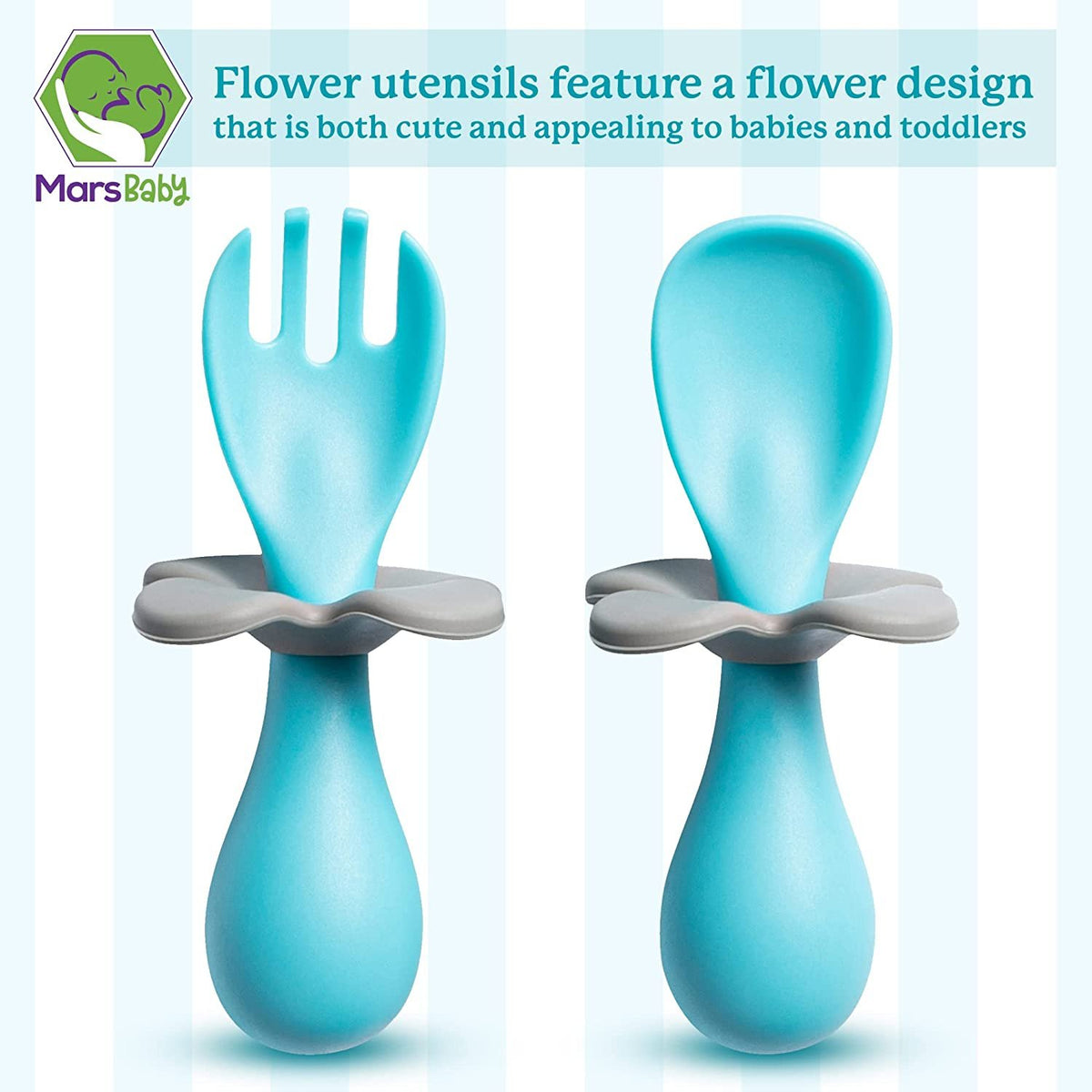 Mars Baby Flower Design Baby and Toddler Self-Feeding Training Utensils - Easy to Hold and Use Led Weaning, Protective Choke Barrier - Blue