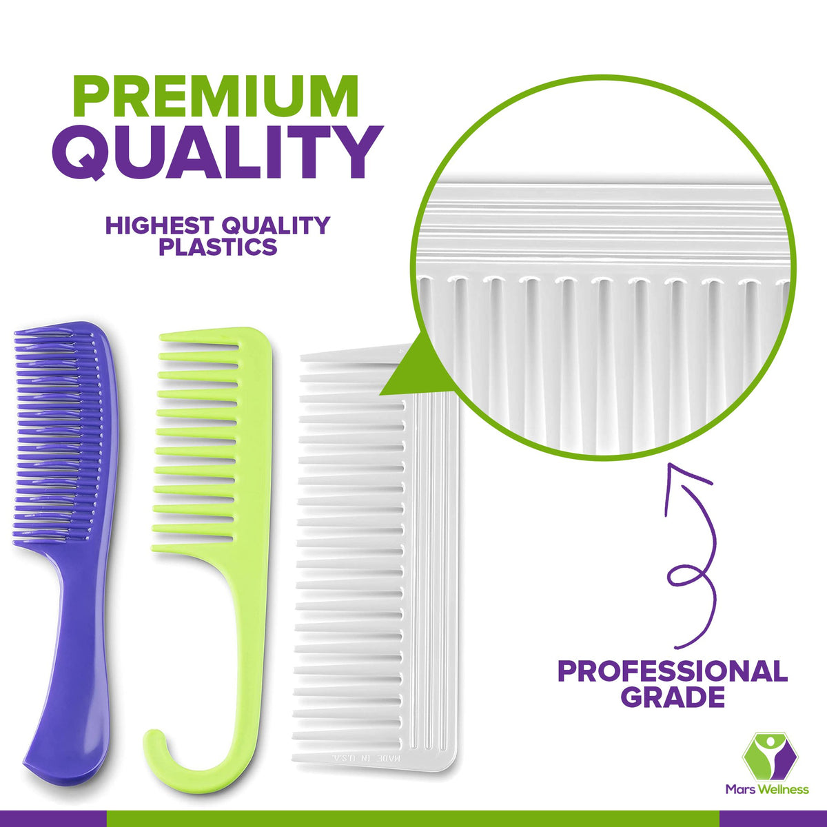 Mars Wellness 3 Piece Professional Detangling Shower Comb Set - USA MADE - Detangler, Hook Comb, Wide Tooth Comb - Premium Grade for Men and Women - Parting Teasing and styling - Mars Med Supply